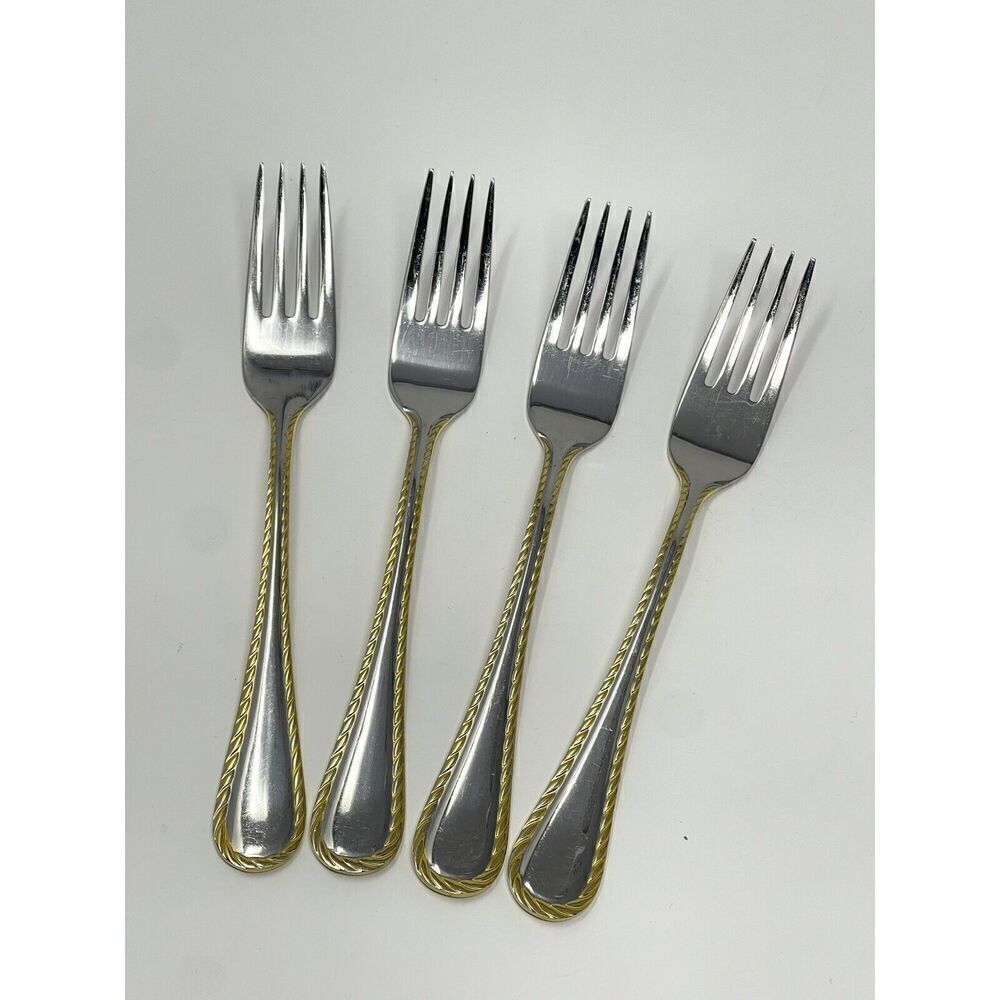 Oneida GOLDEN BELMONT Stainless Rope Edge Gold Accent Salad Forks 7” Set Of 4